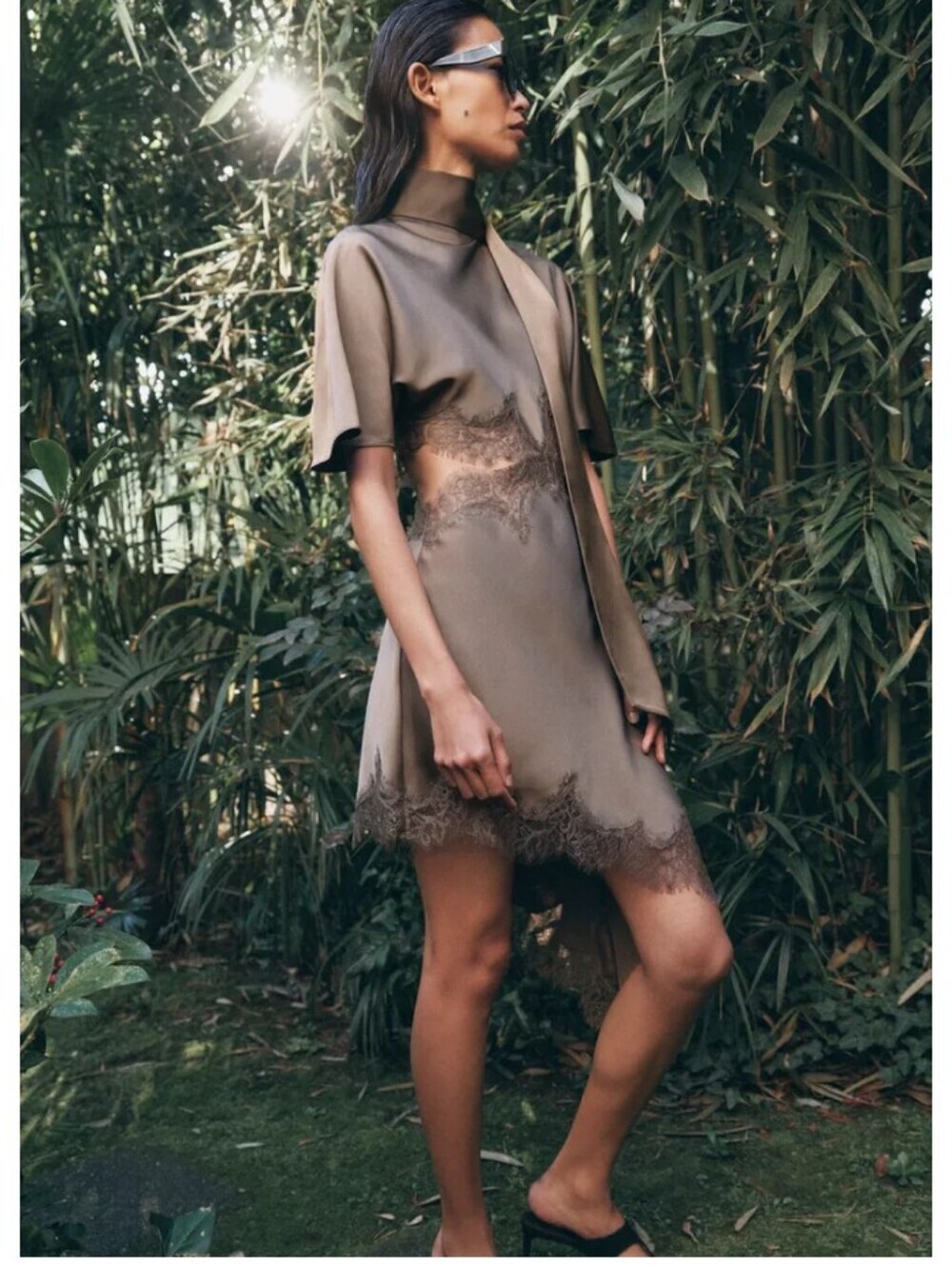 Zara Olive Green Asymmetrical Satin Dress with Lace Trim - Picture 2 of 11